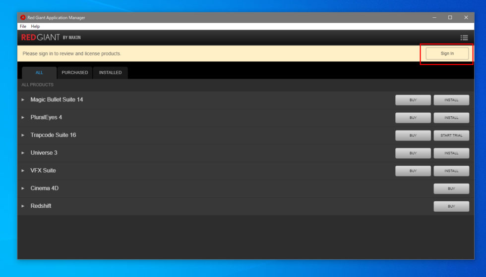 Red Giant Application Manager ログイン方法:Step 1