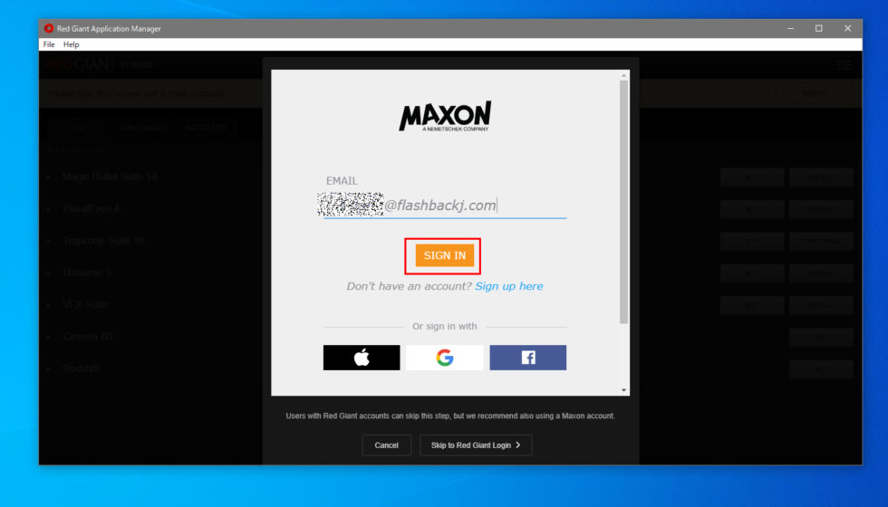 Red Giant Application Manager ログイン方法:Step 2