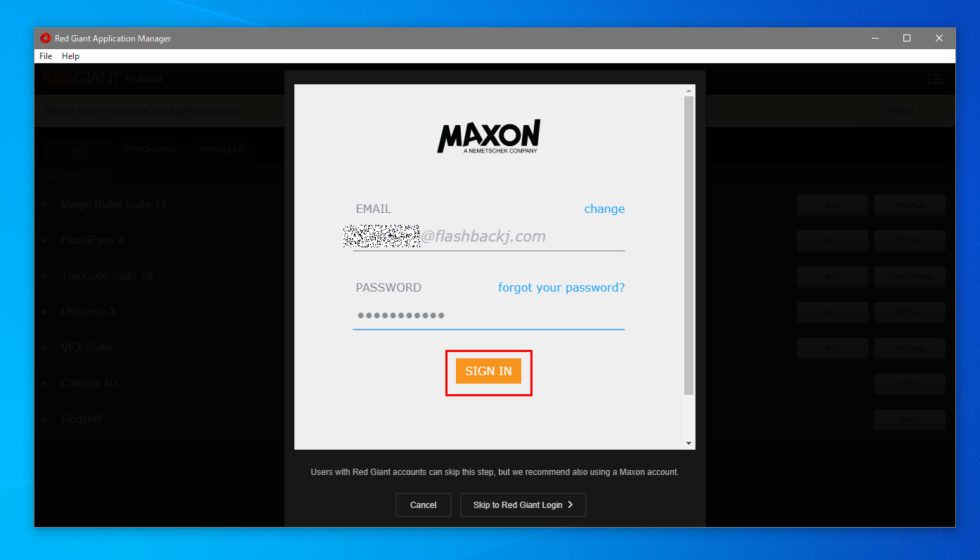Red Giant Application Manager ログイン方法:Step 3