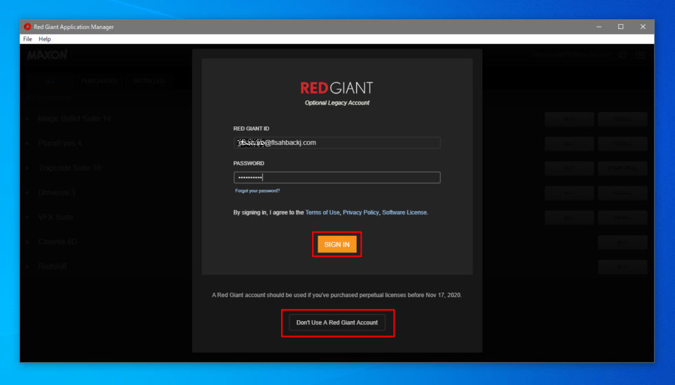 Red Giant Application Manager ログイン方法:Step 4