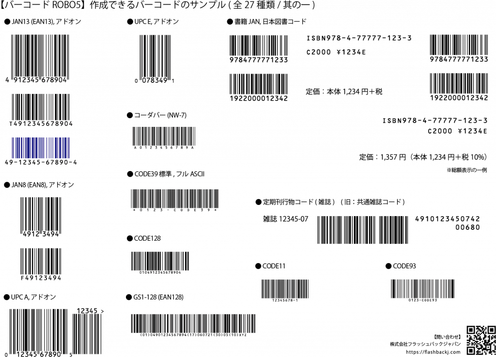 バーコードrobo5 作成できるバーコードサンプル 全27種類