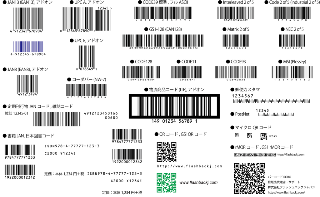 【バーコードROBO7】で作成できる バーコード全サンプル ダウンロード (.AI/.PDF)