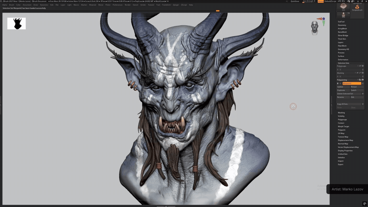 ZBrush 2027.0 のセレクションセットでスカルプト状態を切り替えている様子