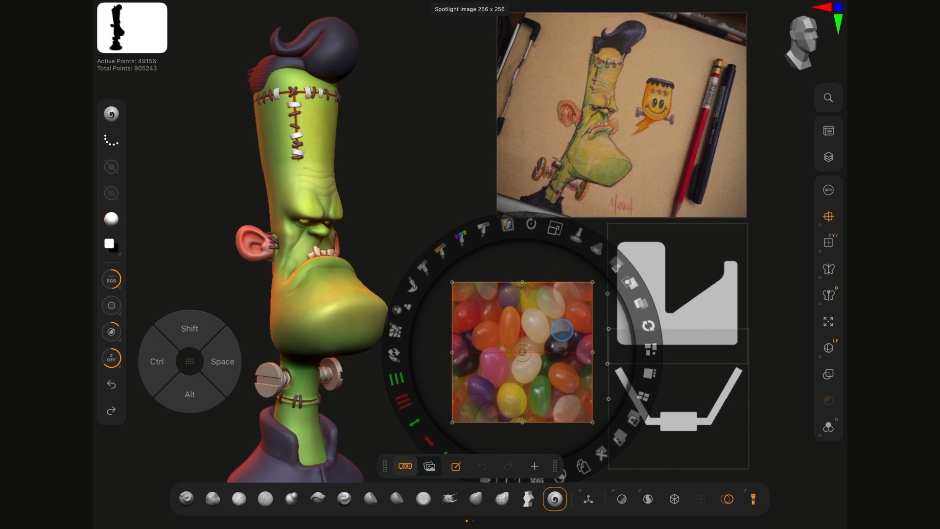 ZBrush for iPad のスポットライトで画像を使ってスカルプトしている画面