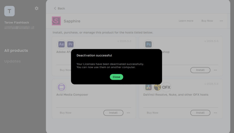 Boris FX Hub ライセンス認証解除方法：Step 4
