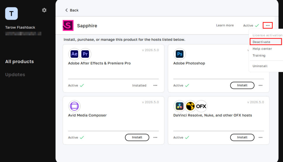 Boris FX Hub ライセンス認証解除方法：Step 2