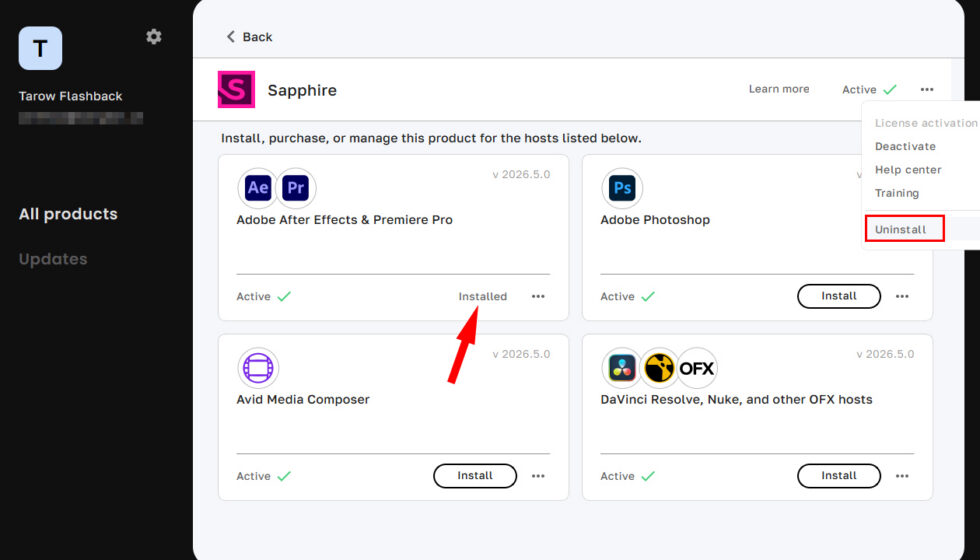 Boris FX Hub 個別製品アンインストール方法：Step 2