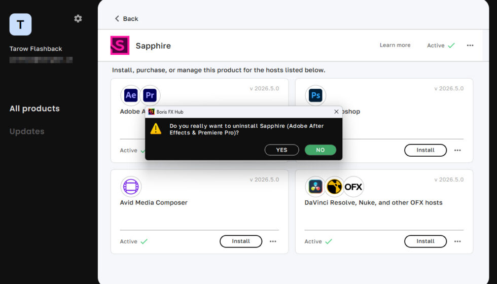 Boris FX Hub 個別製品アンインストール方法：Step 3