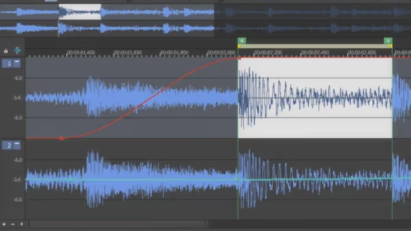 Sound Forgeの編集画面。2つの波形トラックに選択範囲とフェードのエンベロープが表示されている