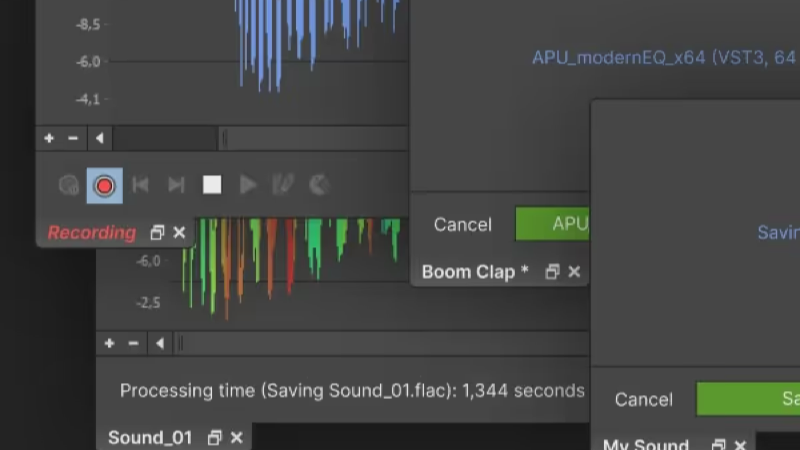 ファイルの保存処理を実行しながら、別のファイルの録音と編集を並行して進めている画面