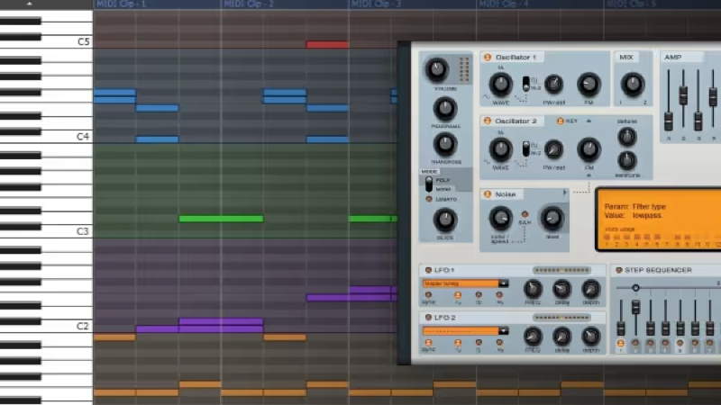 鍵盤グリッド上に色分けされたMIDIノートが並ぶピアノロールと、オシレーターやフィルターを備えたシンセサイザーの画面