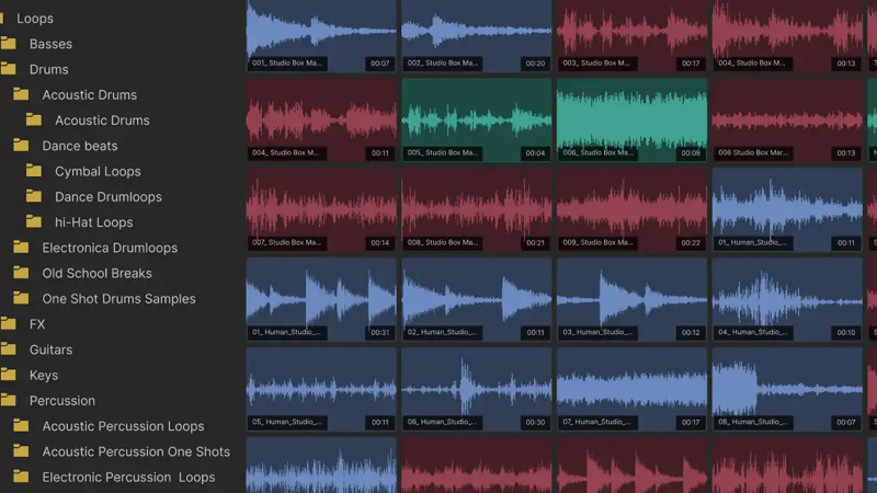 付属ループライブラリの赤と青の波形が積み重なったAcid Proのトラックリスト