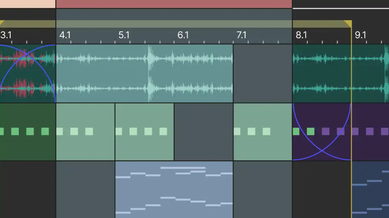 プロが制作した楽曲プロジェクトの緑と青のMIDIクリップが並ぶAcid Proのタイムライン