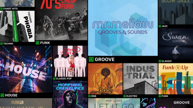 Chart Hits、Techno、Funk、House、Classic Pop、RnB、Industrial、Electro、Jazz、TrapなどAcidループコレクションのジャケットを並べたコラージュ