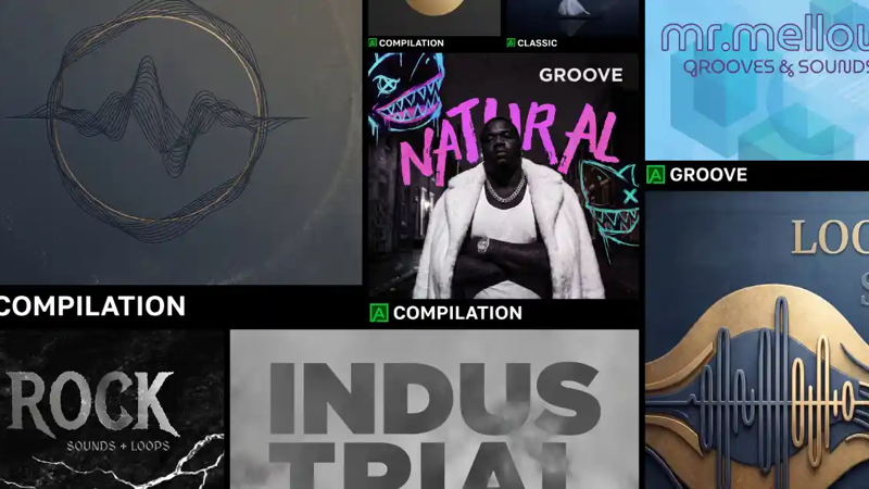 Rock sounds and loops、Industrial、Natural、Mr. MellowなどAcidコンピレーションのジャケットを並べたコラージュ
