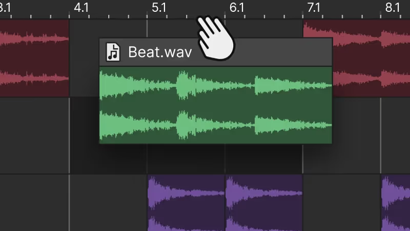 Beat.wavという緑の波形クリップを、カーソルでタイムライン上の5.1〜6拍の位置へドラッグしているAcid Proの画面