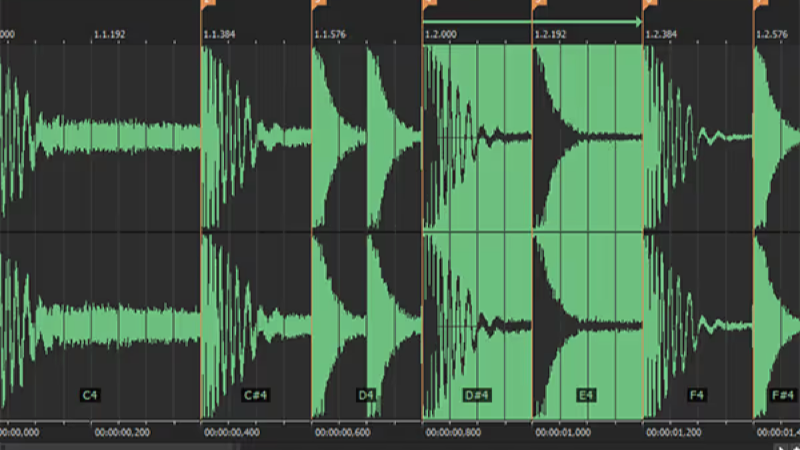 音名と時間マーカーが付いた緑の波形セグメントが並ぶAcid Proの編集画面