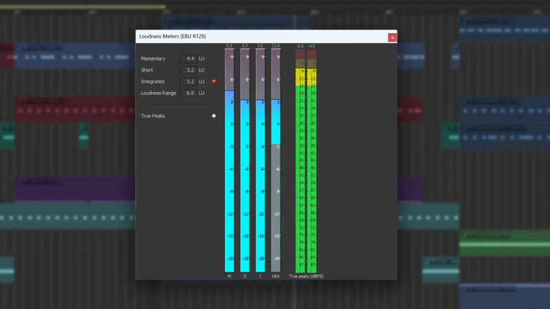 EBU R128のMomentary・Short・Integratedの値をシアンのレベルバーで表示し、緑のトゥルーピークメーターを備えたAcid Proのラウドネスメーター