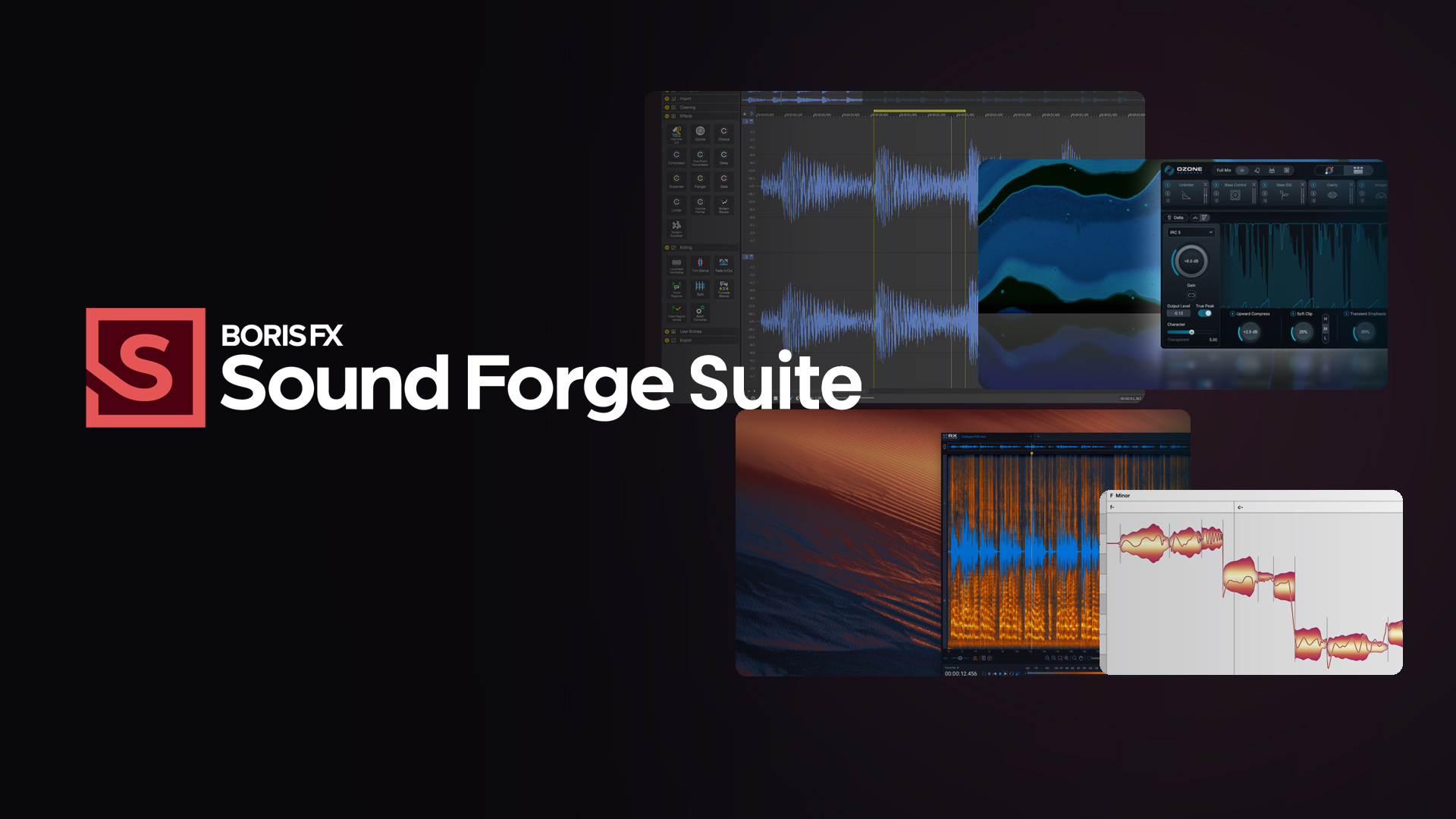Sound Forge Suite 2026のロゴと、Sound Forge、Melodyne、iZotope Ozone、iZotope RXの画面を並べたバナー