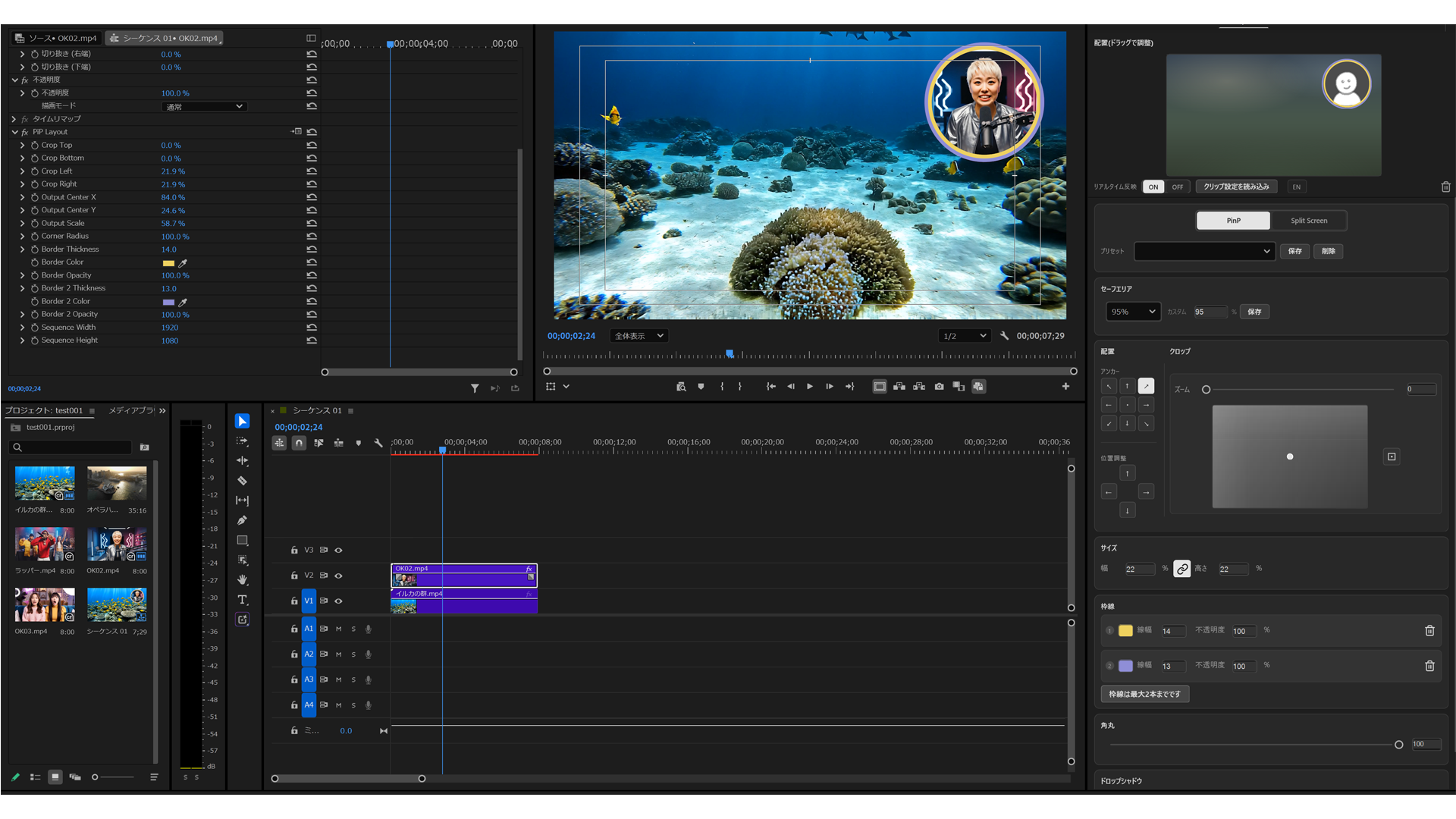 Premiere Pro で PiP Layout を使ったピクチャー・イン・ピクチャーの使用画面